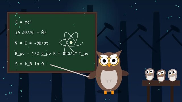 Animated owl teacher pointing at complex physics equations on a blackboard while teaching three young owlets at night