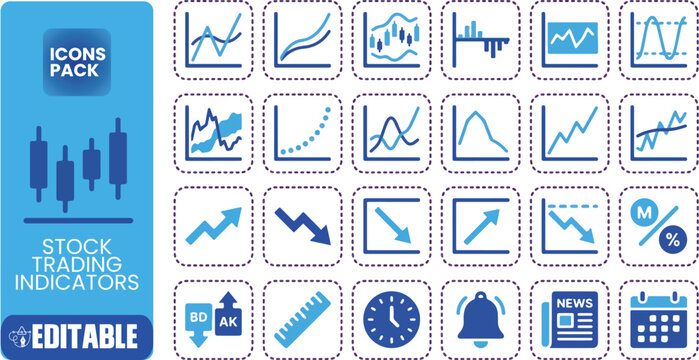 Stock Market Growth Icons Line Art Vector Set with Financial Symbols and Trends