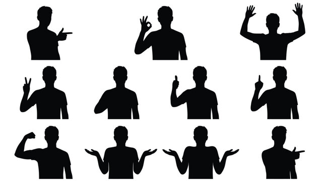 Black silhouette vector illustration set showing a man performing various hand gestures and body poses