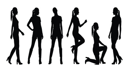 Women in multiple poses including walking and kneeling demonstrate expressive body language in black silhouette form. © Sadee Girl