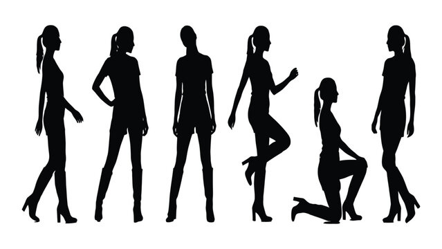 Women in multiple poses including walking and kneeling demonstrate expressive body language in black silhouette form.