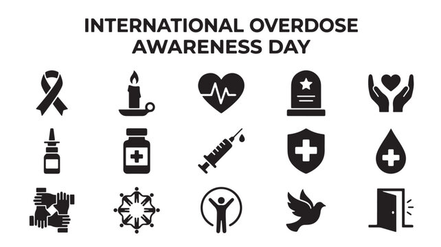 International Overdose Awareness Day icon set, 15 black vector elements for drug prevention and mourning, medical and support symbols for healthcare