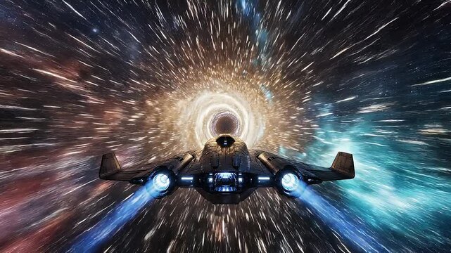 Futuristic spaceship traveling through a cosmic wormhole surrounded by stars and galaxies in deep space