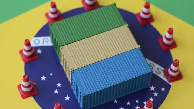 The cargo container ban on the brazil flag as a conceptual backdrop for the export and logistics of goods. The cargo container embargo on the brazil flag as a backdrop for your design