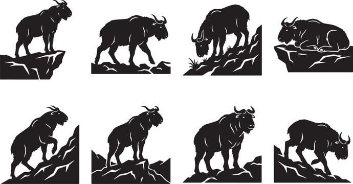 Mountain goat silhouette vector set, wild takin and goral icons on rocky cliffs, 8 black animal graphics for outdoor adventure and hunting logos isolated on Transparent Background