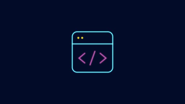 Coding Icon Animation with Neon Glow on Dark Blue Background.