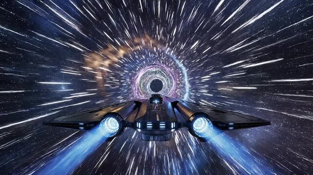 Futuristic spaceship traveling through a cosmic wormhole in deep space with bright star trails