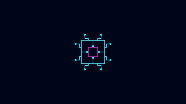Abstract Digital Circuit Board Animation with Glowing Lines and Central Core on Dark Background.