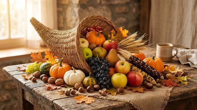 Traditional cornucopia overflowing with pumpkins fruits nuts and autumn leaves on rustic wooden table