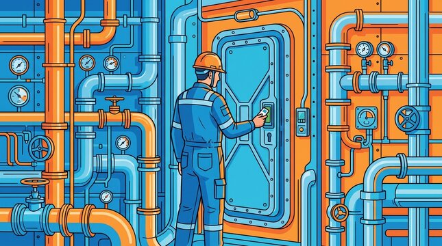 Industrial worker in protective gear scans security access card at a secure facility door in a complex pipeline plant
