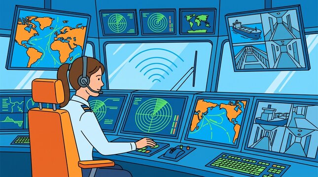 Female operator managing modern maritime control center with digital navigation screens and radar systems