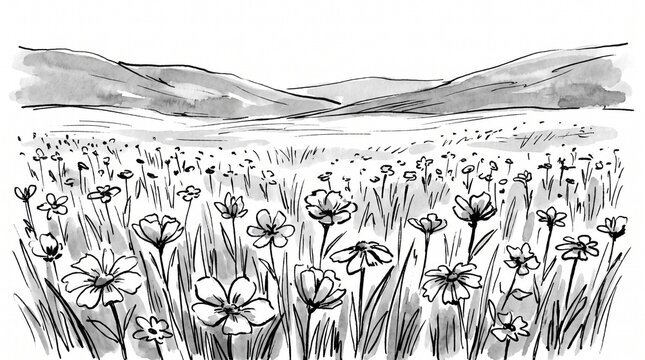 Ink wash drawing of a tranquil wildflower meadow with rolling hills in the background