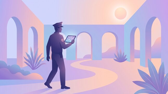 Police officer using digital tablet for navigation in a modern architectural outdoor park setting