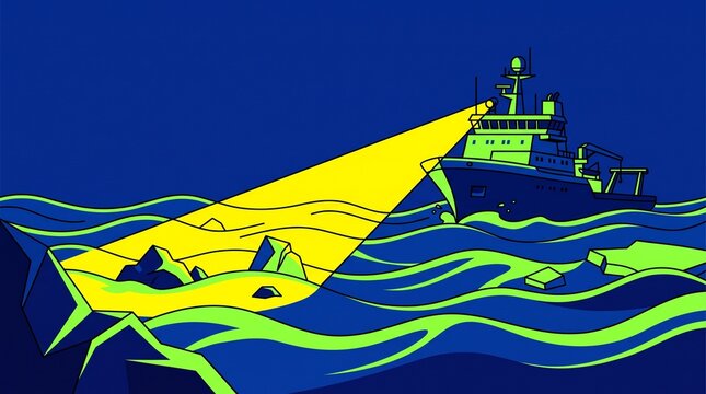 Research vessel exploring arctic waters with a searchlight illuminating icebergs at night