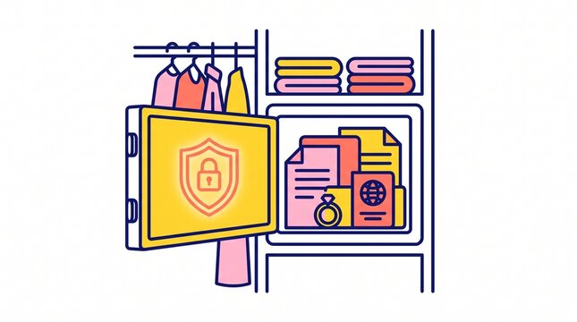 Safe box hidden in a closet containing valuable items and important documents