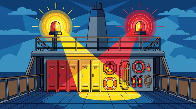 Ship deck with emergency warning lights and safety equipment lockers at night