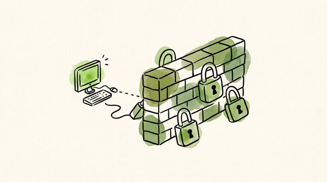 A computer connected to a brick wall with padlocks representing network security and data protection