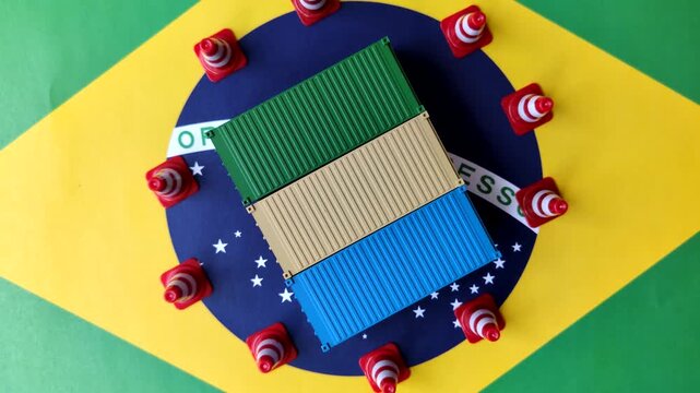 The cargo container ban on the brazil flag as a conceptual backdrop for the export and logistics of goods. The cargo container embargo on the brazil flag as a backdrop for your design
