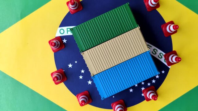 The cargo container ban on the brazil flag as a conceptual backdrop for the export and logistics of goods. The cargo container embargo on the brazil flag as a backdrop for your design