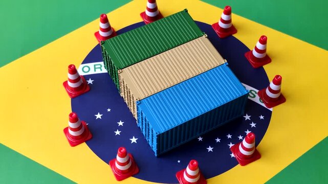 The cargo container ban on the brazil flag as a conceptual backdrop for the export and logistics of goods. The cargo container embargo on the brazil flag as a backdrop for your design
