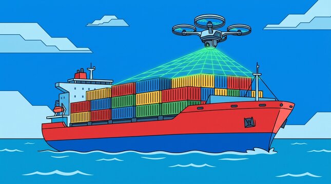 Autonomous drone scanning shipping containers on a cargo vessel for logistics management and inventory tracking