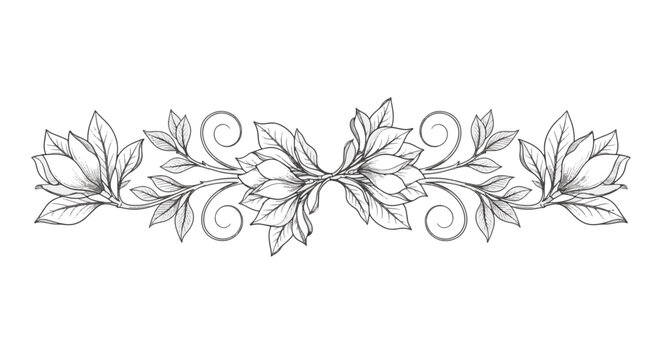 Elegant horizontal floral scrollwork garland featuring symmetrical hand-drawn line art of leaves and blooming flowers in black and white on a clean white background for design.