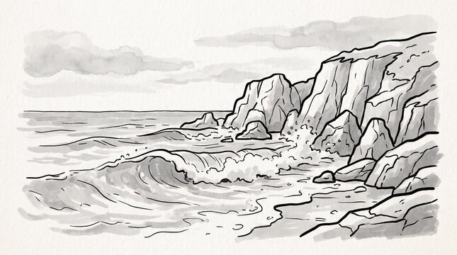 Black and white ink wash drawing of a rugged coastal cliff side with crashing ocean waves