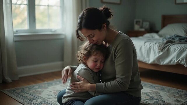 Mother's Comfort: A tender moment of solace as a mother lovingly embraces her distressed child, offering comfort and reassurance.