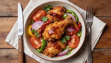 Fototapeta premium Top view of crispy fried chicken served with chili sauce, fresh vegetables, and cutlery on napkin, isolated background.