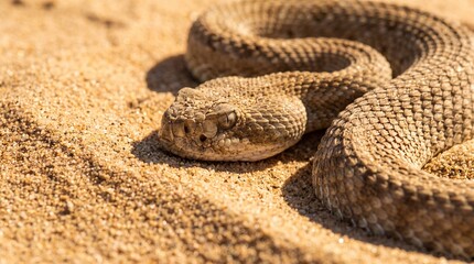Obraz premium Macro close up of a venomous desert rattlesnake resting on sand, reptile, viper, wildlife, nature