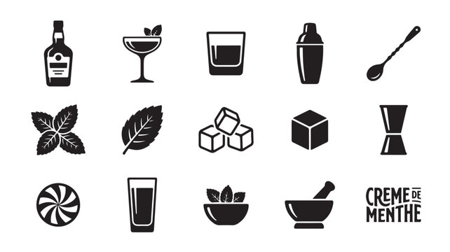 creme de menthe symbols, cocktail ingredients, mint flavor elements, 15 icon set