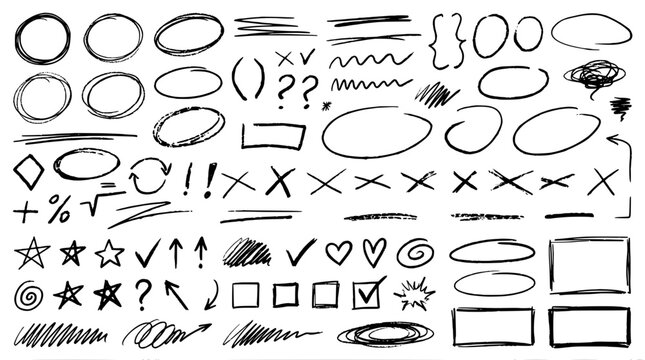 Black Hand Drawn Scribble Circles Stars Checkmarks and Frames Vector Set
