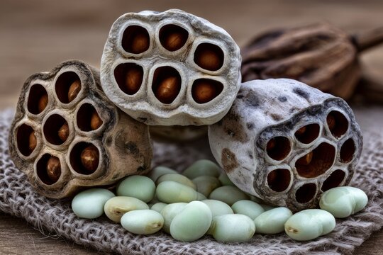Dried Lotus Seed Pods Displaying Intricate Design on Natural Background with Green Seeds Around Them