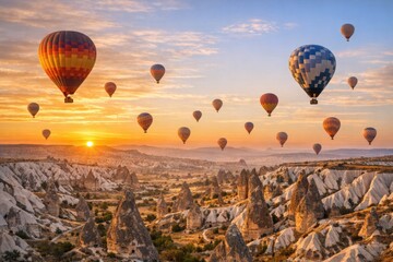 Obraz premium Aerial view of multiple hot air balloons soaring above a scenic valley