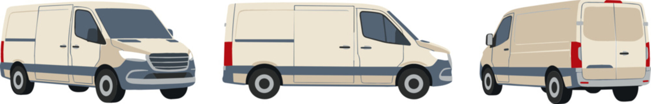 White Commercial Cargo Van Vector Set with Front Side and Rear Views for Vehicle Mockup Branding Designs