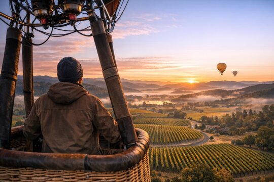 A person enjoying a ride in a hot air balloon above a lush vineyard, with rolling hills and greenery