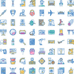 Naklejka premium Hand drawing miscellaneous vector symbols and objects representing various concepts, tools, food, people, and abstract ideas in a colorful, fun, doodle style