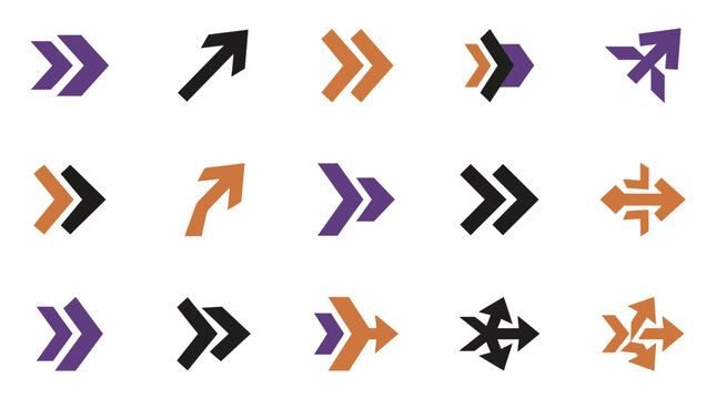 Set of assorted geometric directional arrows in purple and orange with directional direction navigation collection
