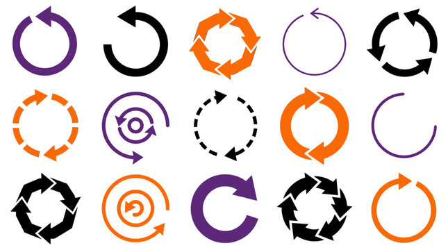 Collection of rotating arrow symbols in orange and purple color palette with rotation circular collection indicator