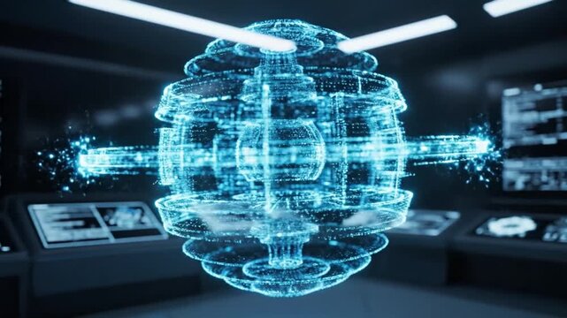 Floating Holographic Spherical Engine Rotating In Controlroom, Blue Wireframe Globe With Pulsing Nodes, Virtual Assembly And Data Streams, Futuristic Command Center Ambience, Reflective Consoles