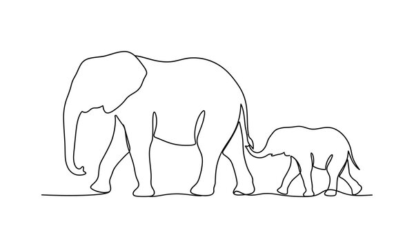 World Elephant Day One line art design Vector Editable Family of elephants walking together in nature isolated on transparent background, Vector