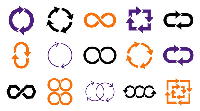 Assorted circular reload and infinity arrow icons for user interface design and presentations with infinity, navigation