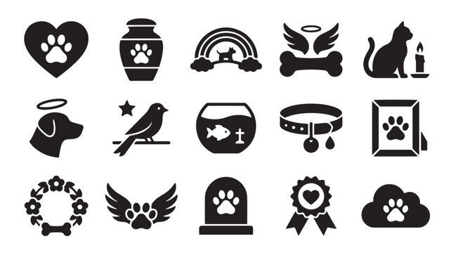 Pet loss and memorial icon set, 15 black vector symbols for animal funeral and mourning, pet bereavement and remembrance elements for cat and dog