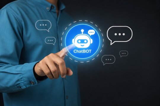 Hands interacting with a glowing chatbot ai icon and speech bubbles on dark background