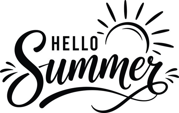 Hello summer elegant calligraphy lettering with sun rays and swirls vector isolated on transparency.