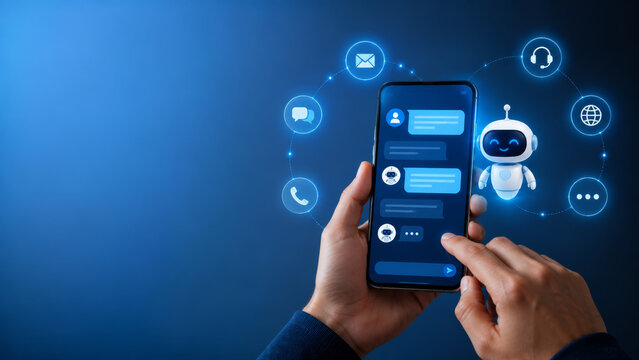 AI assistant messages contact options and bot interacts on smart gigapixel, digital chatbot interface on mobile device, futuristic communication technology concept