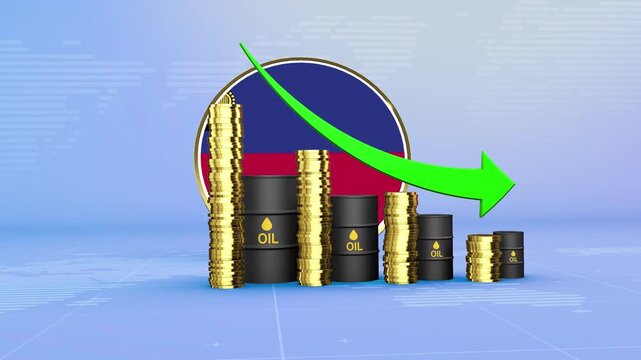 Liechtenstein Oil Prices Decline with Oil Barrels, Gold Coins and Downward Green Arrow, 3D Economic and Financial Market Concept