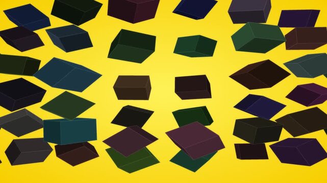 motion sequence featuring a grid of dark, 3D cubes floating and tilting across a bright, high-contrast yellow background