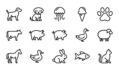 Obraz premium Farm and Marine Animal Outline Icon Set with Dog Cow Pig Horse Jellyfish Goose Chicken Collection