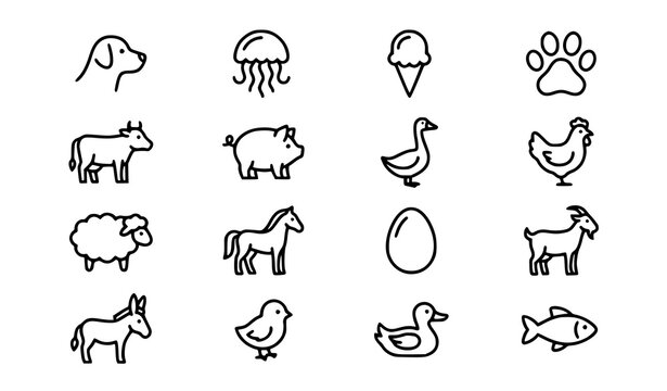 Minimal Animal Line Icons Featuring Farm Pets Jellyfish Horse Chicken Goose Egg and Wildlife Collection